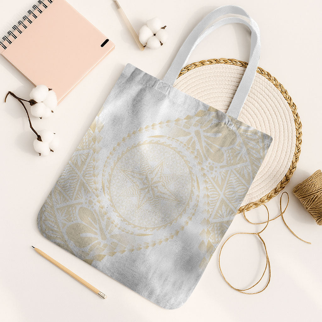 Tonga White Sunday Tote Bag Lotu Tamaiti Tongan Kupesi Pattern LT05 White Strap One Size Beige - Polynesian Pride