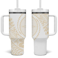 Tonga White Sunday Tumbler With Handle Lotu Tamaiti Tongan Kupesi Pattern LT05 One Size: 40 oz Beige - Polynesian Pride