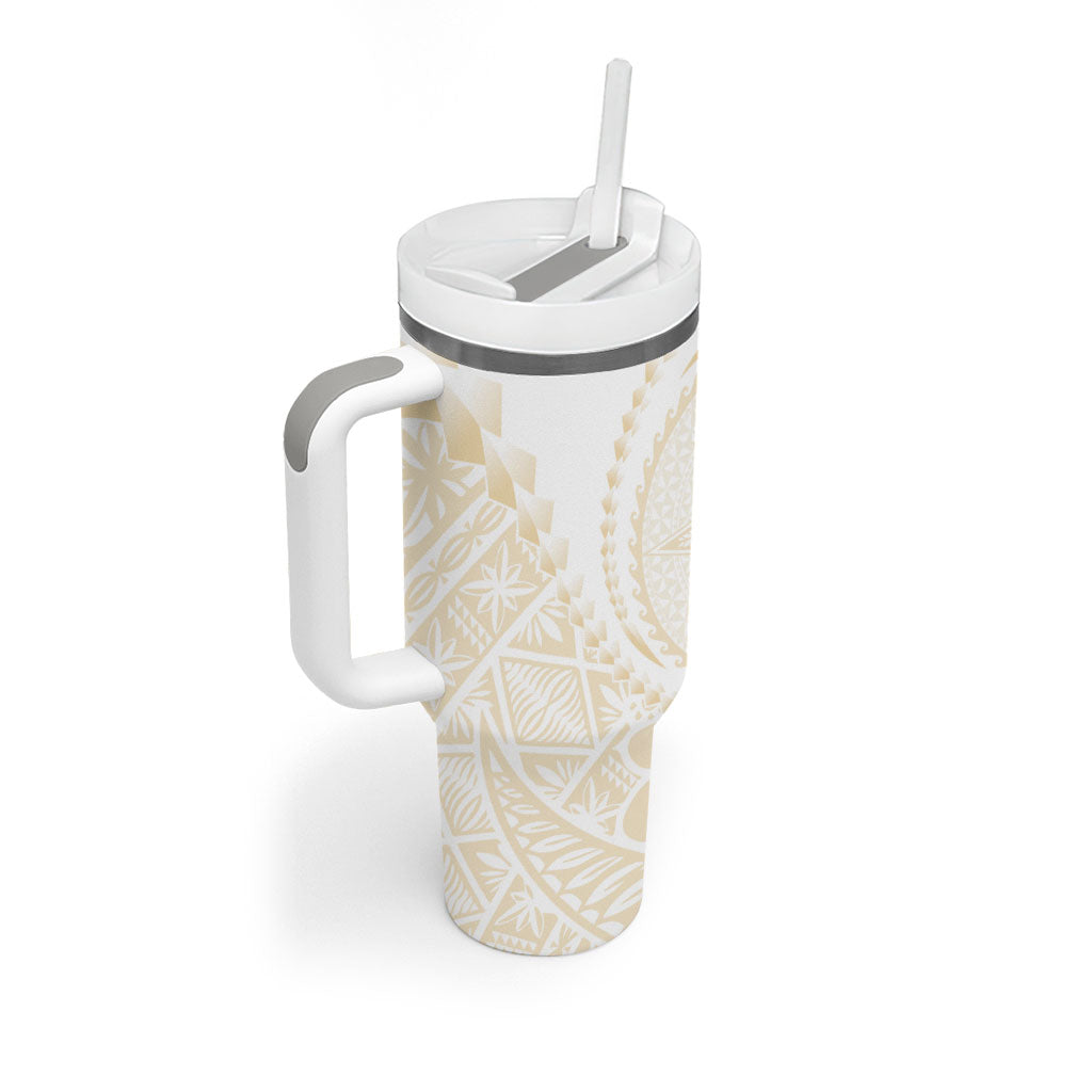 Tonga White Sunday Tumbler With Handle Lotu Tamaiti Tongan Kupesi Pattern LT05 - Polynesian Pride
