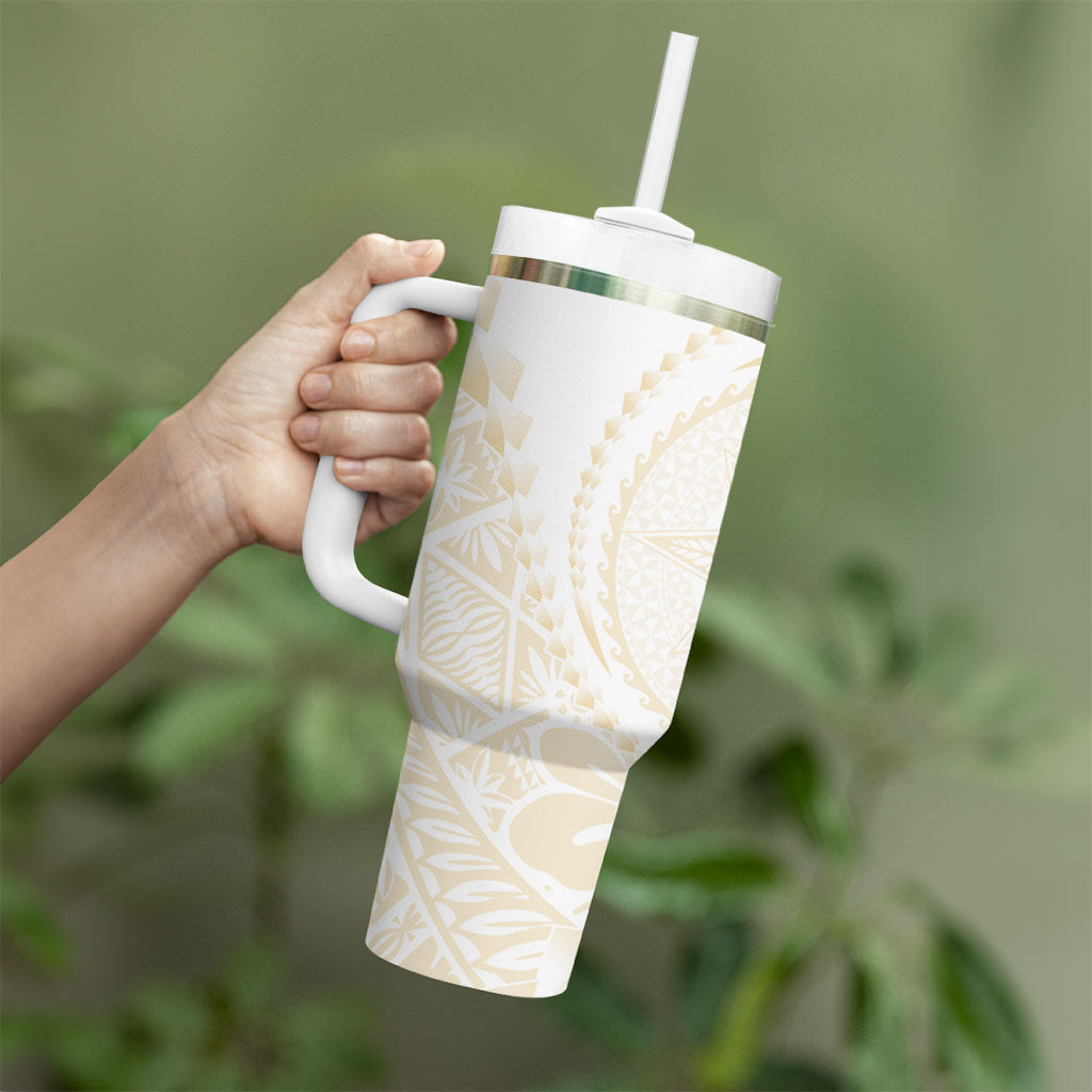Tonga White Sunday Tumbler With Handle Lotu Tamaiti Tongan Kupesi Pattern LT05 - Polynesian Pride