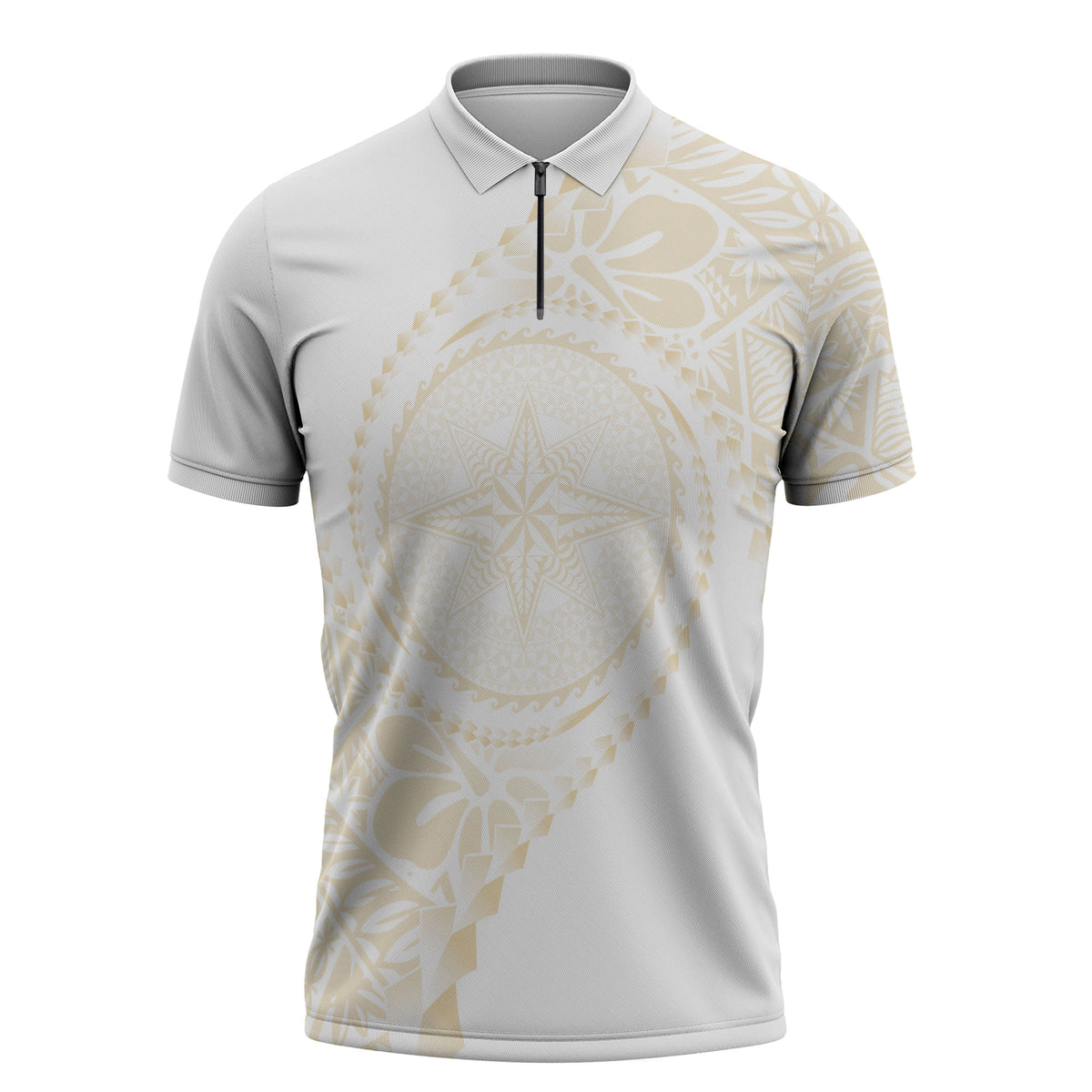 Tonga White Sunday Zipper Polo Shirt Lotu Tamaiti Tongan Kupesi Pattern LT05 Beige - Polynesian Pride