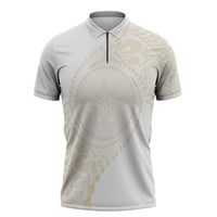 Tonga White Sunday Zipper Polo Shirt Lotu Tamaiti Tongan Kupesi Pattern LT05 Beige - Polynesian Pride