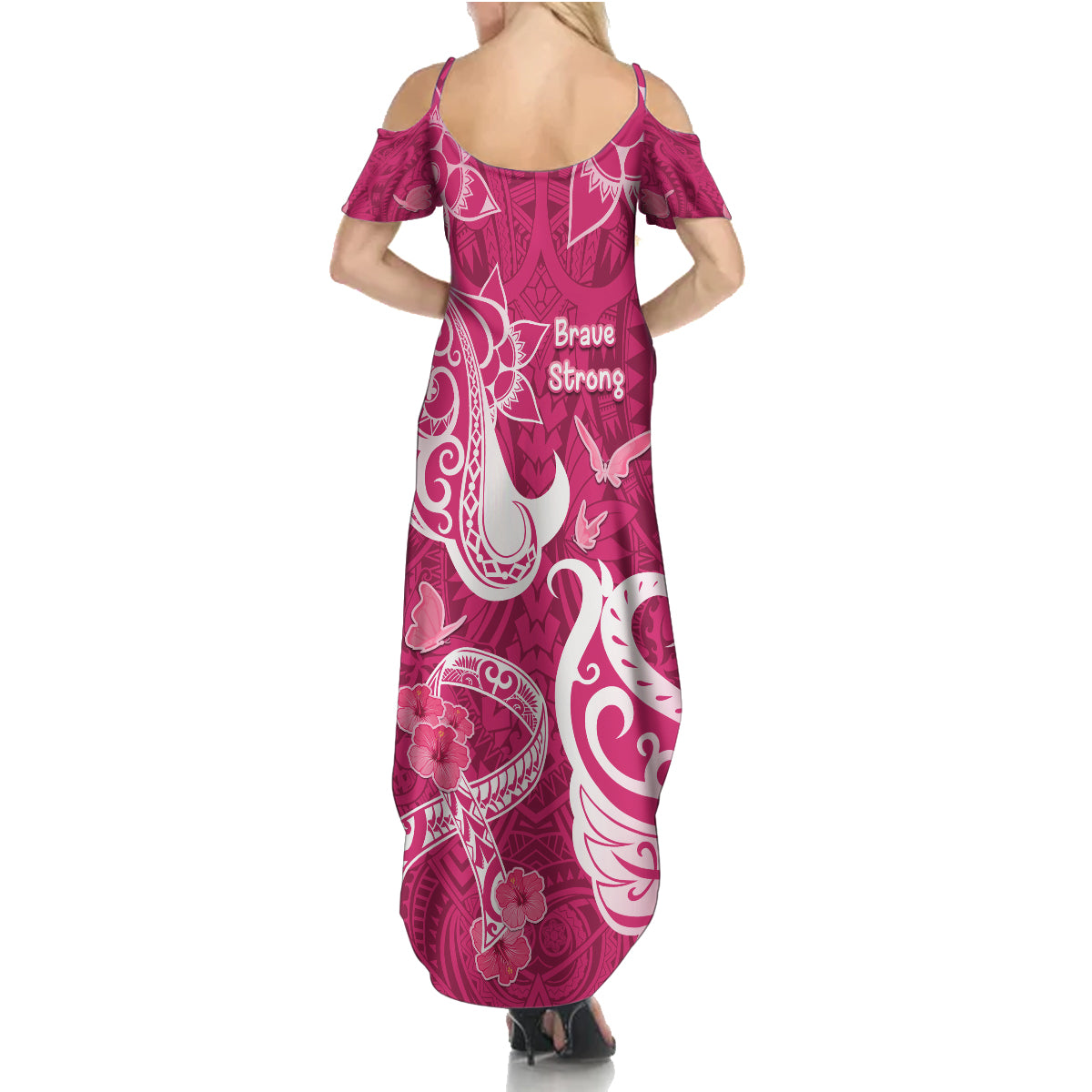 Breast Cancer Awareness Family Matching Summer Maxi Dress and Hawaiian Shirt Ribbon Polynesian Pattern Pink Version LT05 - Polynesian Pride
