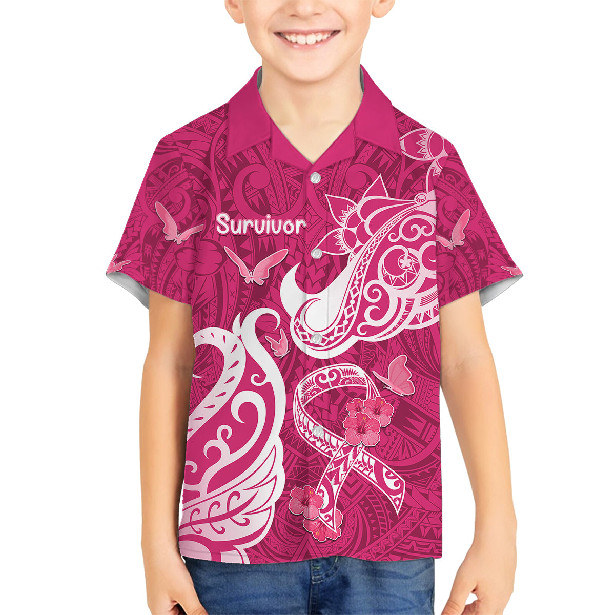 Breast Cancer Awareness Family Matching Tank Maxi Dress and Hawaiian Shirt Ribbon Polynesian Pattern Pink Version LT05 Son's Shirt Pink - Polynesian Pride