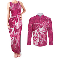 Personalized Breast Cancer Awareness Couples Matching Tank Maxi Dress and Long Sleeve Button Shirts Ribbon Polynesian Pattern Pink Version LT05 Pink - Polynesian Pride