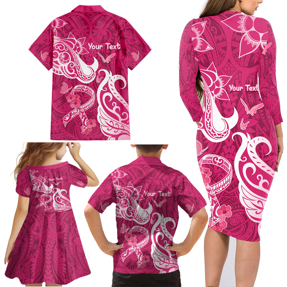 Personalized Breast Cancer Awareness Family Matching Long Sleeve Bodycon Dress and Hawaiian Shirt Ribbon Polynesian Pattern Pink Version LT05 - Polynesian Pride