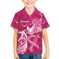 Personalized Breast Cancer Awareness Family Matching Off Shoulder Long Sleeve Dress and Hawaiian Shirt Ribbon Polynesian Pattern Pink Version LT05 Son's Shirt Pink - Polynesian Pride