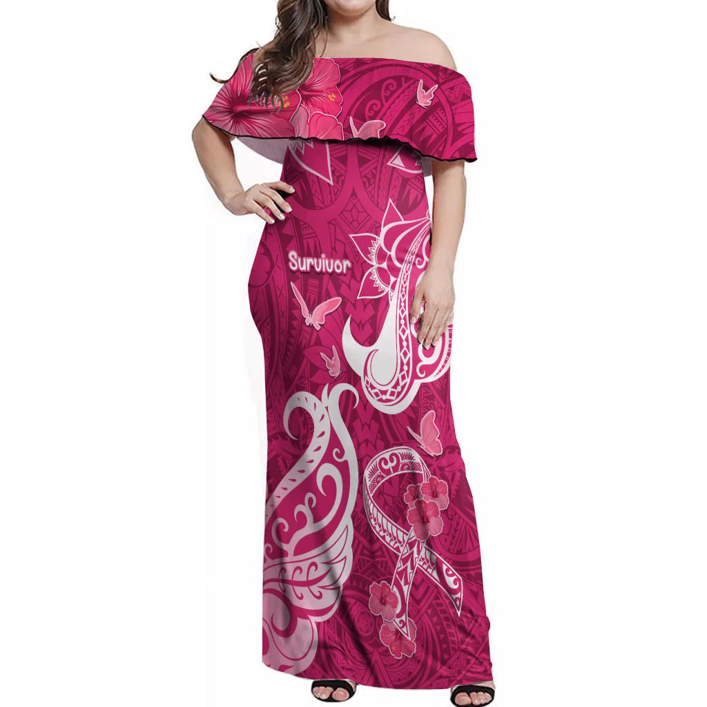 Personalized Breast Cancer Awareness Off Shoulder Maxi Dress Ribbon Polynesian Pattern Pink Version LT05 Women Pink - Polynesian Pride
