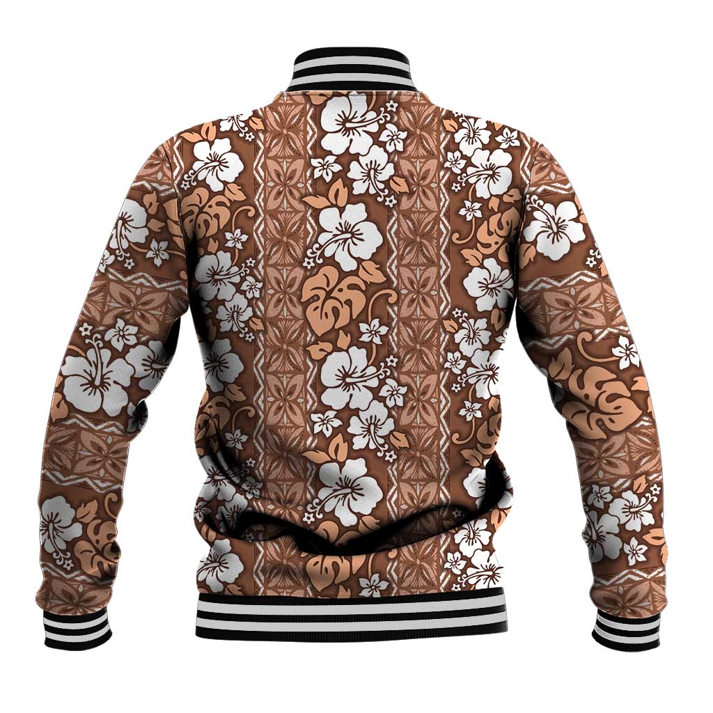 Hawaii Vintage Brown Hibiscus Tapa Pattern Baseball Jacket