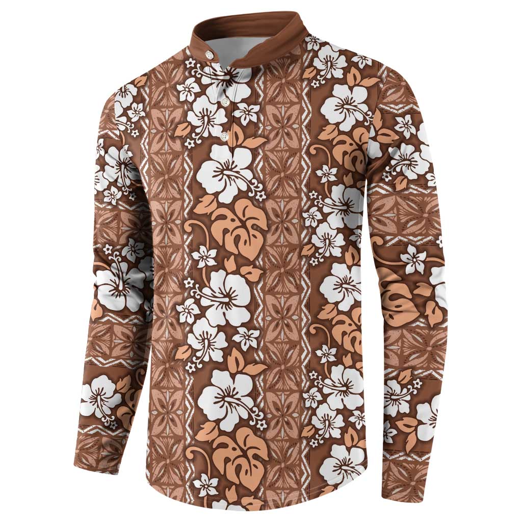 Hawaii Vintage Brown Hibiscus Tapa Pattern Button Sweatshirt