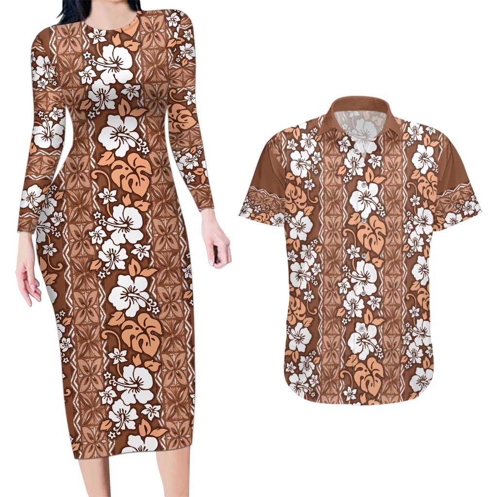 Hawaii Vintage Brown Hibiscus Tapa Pattern Couples Matching Long Sleeve Bodycon Dress and Hawaiian Shirt LT05 Brown - Polynesian Pride