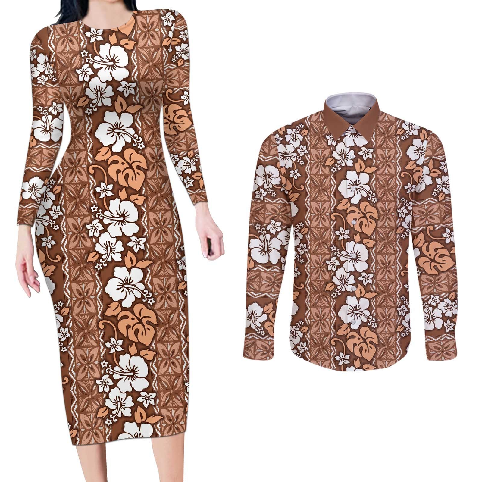 Hawaii Vintage Brown Hibiscus Tapa Pattern Couples Matching Long Sleeve Bodycon Dress and Long Sleeve Button Shirt
