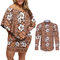Hawaii Vintage Brown Hibiscus Tapa Pattern Couples Matching Off Shoulder Short Dress and Long Sleeve Button Shirt