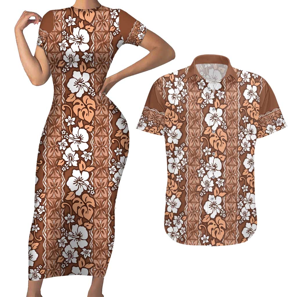 Hawaii Vintage Brown Hibiscus Tapa Pattern Couples Matching Short Sleeve Bodycon Dress and Hawaiian Shirt LT05 Brown - Polynesian Pride