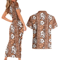 Hawaii Vintage Brown Hibiscus Tapa Pattern Couples Matching Short Sleeve Bodycon Dress and Hawaiian Shirt LT05 - Polynesian Pride