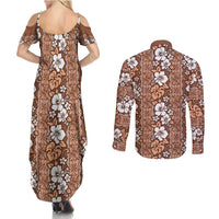 Hawaii Vintage Brown Hibiscus Tapa Pattern Couples Matching Summer Maxi Dress and Long Sleeve Button Shirt