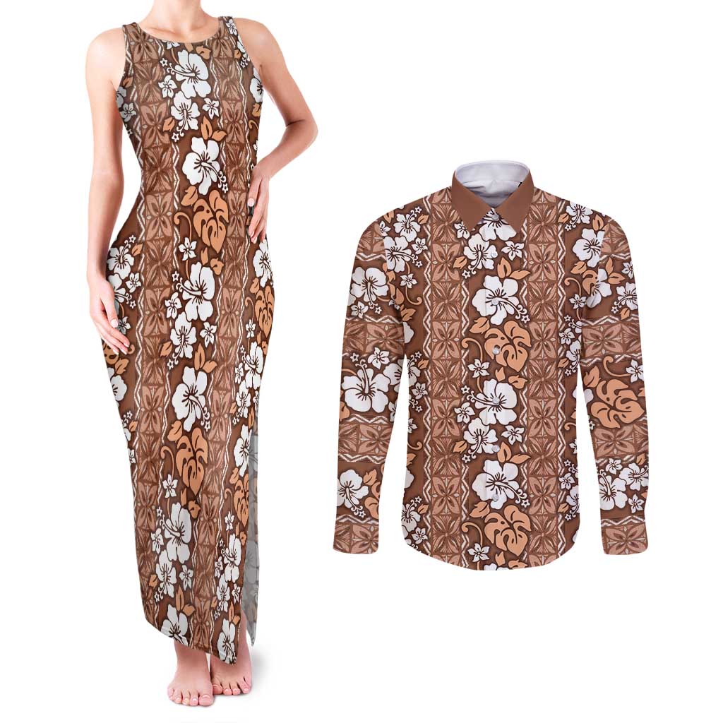 Hawaii Vintage Brown Hibiscus Tapa Pattern Couples Matching Tank Maxi Dress and Long Sleeve Button Shirt