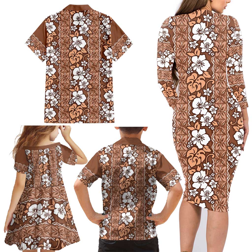 Hawaii Vintage Brown Hibiscus Tapa Pattern Family Matching Long Sleeve Bodycon Dress and Hawaiian Shirt LT05 - Polynesian Pride