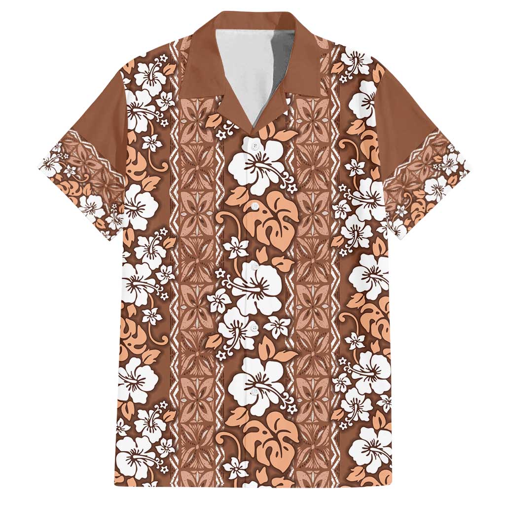 Hawaii Vintage Brown Hibiscus Tapa Pattern Family Matching Long Sleeve Bodycon Dress and Hawaiian Shirt LT05 Dad's Shirt - Short Sleeve Brown - Polynesian Pride