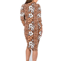 Hawaii Vintage Brown Hibiscus Tapa Pattern Family Matching Long Sleeve Bodycon Dress and Hawaiian Shirt LT05 - Polynesian Pride