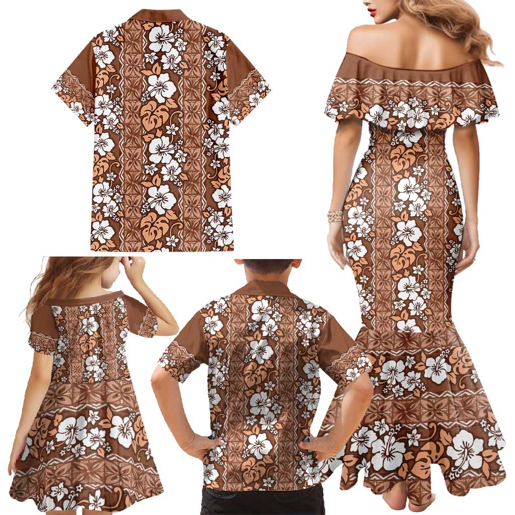 Hawaii Vintage Brown Hibiscus Tapa Pattern Family Matching Mermaid Dress and Hawaiian Shirt LT05 - Polynesian Pride