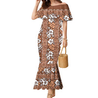 Hawaii Vintage Brown Hibiscus Tapa Pattern Family Matching Mermaid Dress and Hawaiian Shirt LT05 Mom's Dress Brown - Polynesian Pride
