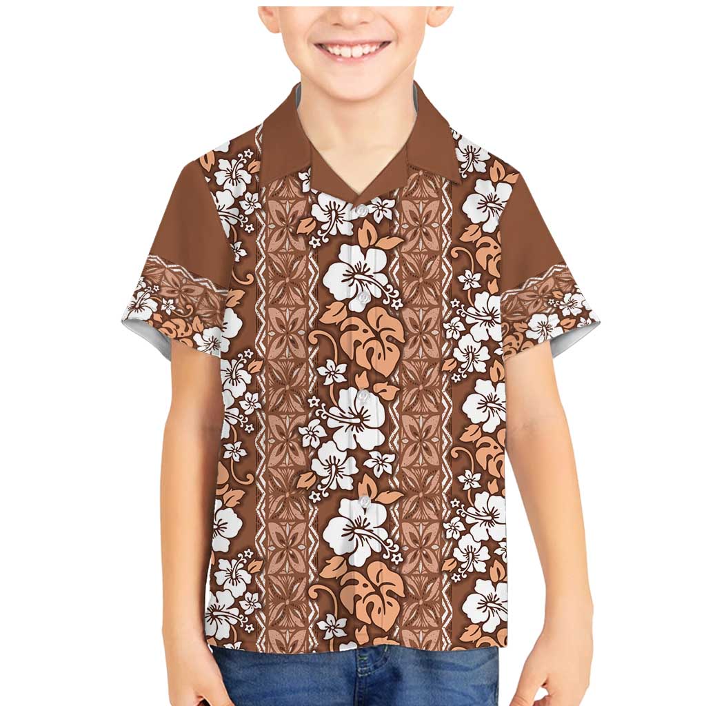 Hawaii Vintage Brown Hibiscus Tapa Pattern Family Matching Mermaid Dress and Hawaiian Shirt LT05 Son's Shirt Brown - Polynesian Pride