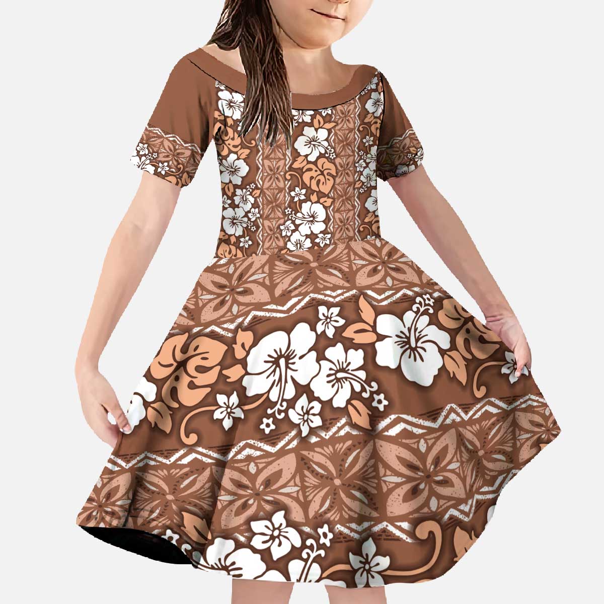 Hawaii Vintage Brown Hibiscus Tapa Pattern Family Matching Off The Shoulder Long Sleeve Dress and Hawaiian Shirt LT05 Daughter's Dress Brown - Polynesian Pride