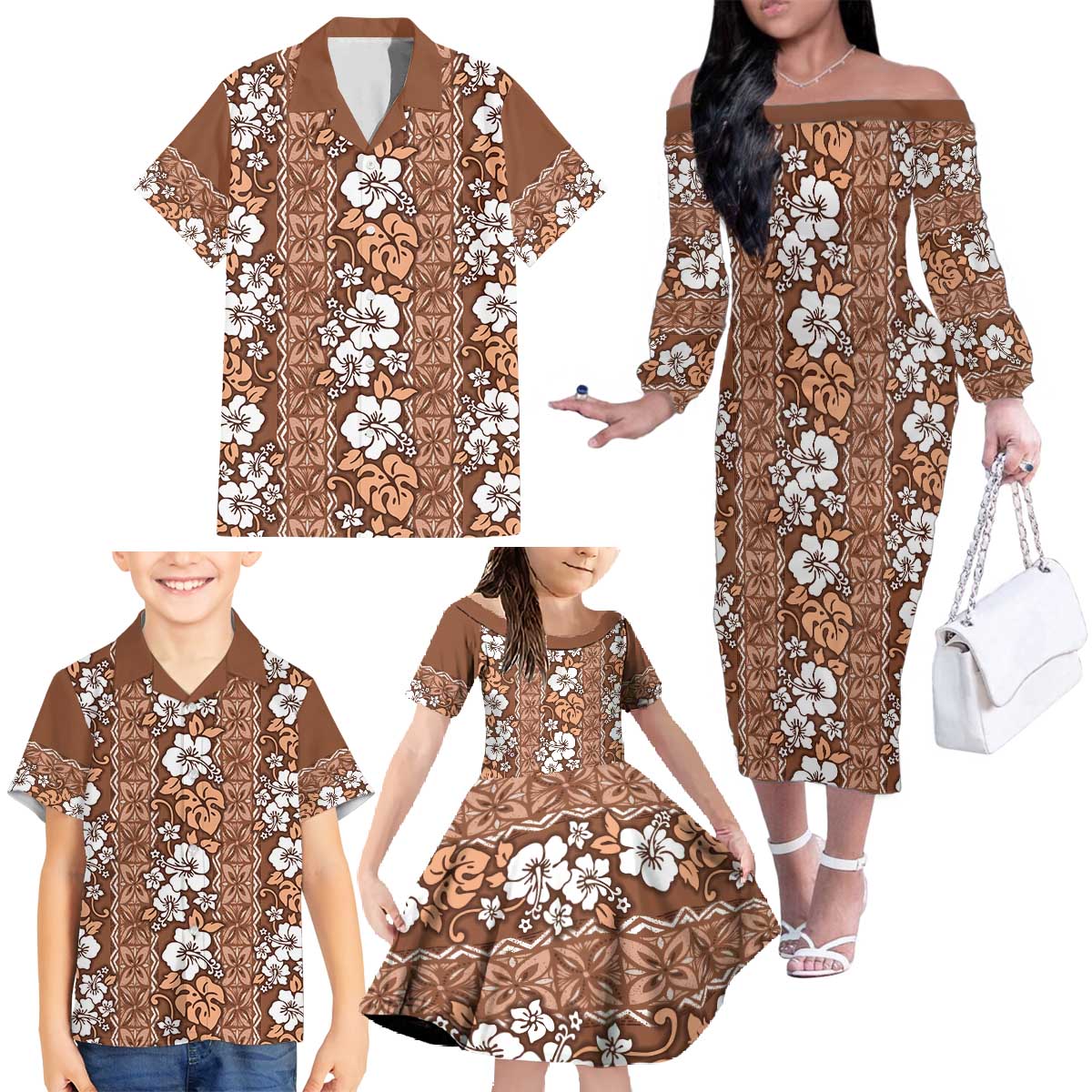 Hawaii Vintage Brown Hibiscus Tapa Pattern Family Matching Off The Shoulder Long Sleeve Dress and Hawaiian Shirt LT05 - Polynesian Pride