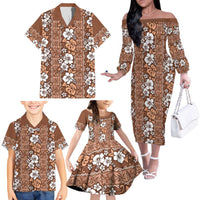 Hawaii Vintage Brown Hibiscus Tapa Pattern Family Matching Off The Shoulder Long Sleeve Dress and Hawaiian Shirt LT05 - Polynesian Pride