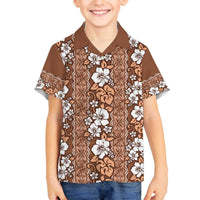 Hawaii Vintage Brown Hibiscus Tapa Pattern Family Matching Off The Shoulder Long Sleeve Dress and Hawaiian Shirt LT05 Son's Shirt Brown - Polynesian Pride