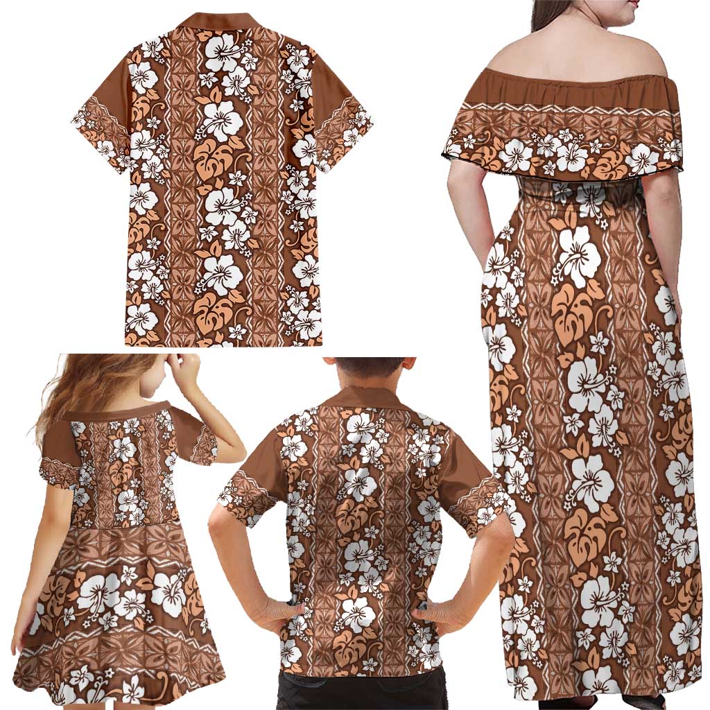 Hawaii Vintage Brown Hibiscus Tapa Pattern Family Matching Off Shoulder Maxi Dress and Hawaiian Shirt LT05 - Polynesian Pride