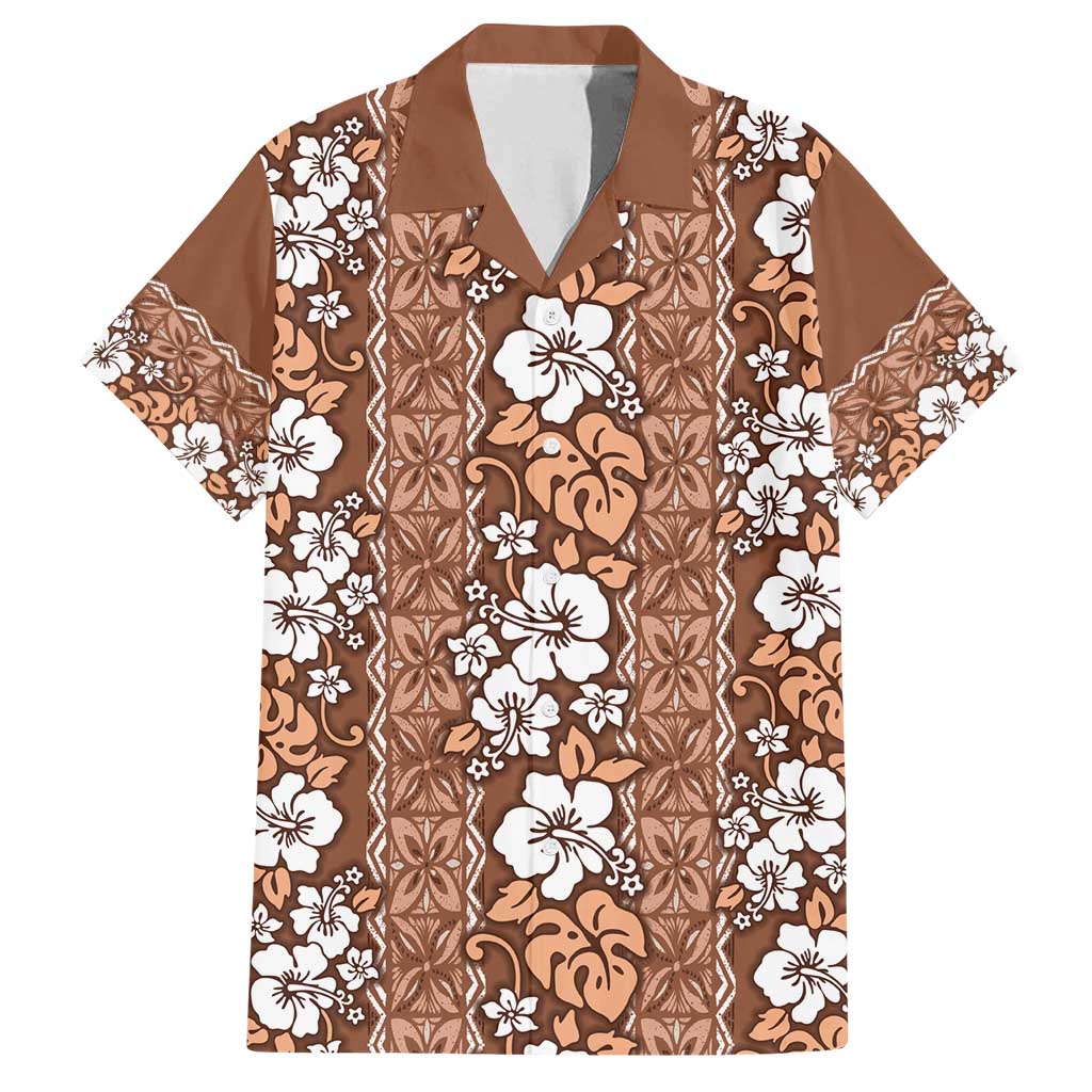 Hawaii Vintage Brown Hibiscus Tapa Pattern Family Matching Off Shoulder Maxi Dress and Hawaiian Shirt LT05 Dad's Shirt - Short Sleeve Brown - Polynesian Pride