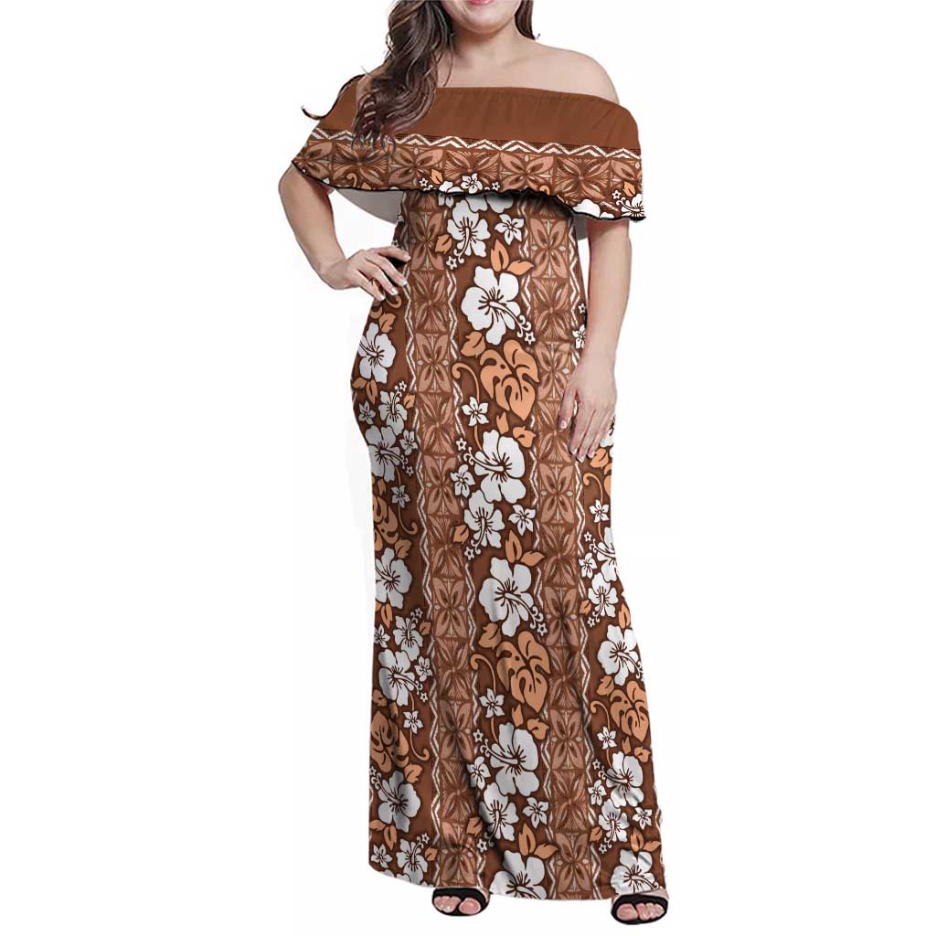 Hawaii Vintage Brown Hibiscus Tapa Pattern Family Matching Off Shoulder Maxi Dress and Hawaiian Shirt LT05 Mom's Dress Brown - Polynesian Pride