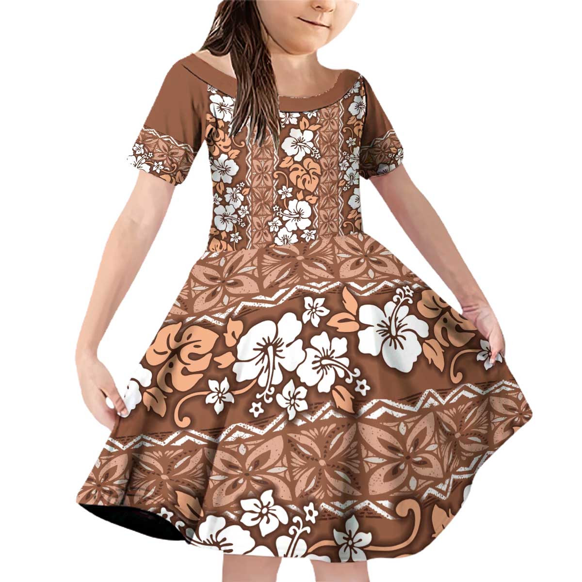 Hawaii Vintage Brown Hibiscus Tapa Pattern Family Matching Off Shoulder Short Dress and Hawaiian Shirt LT05 Daughter's Dress Brown - Polynesian Pride