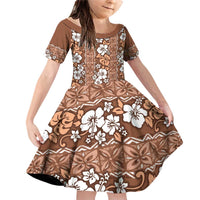 Hawaii Vintage Brown Hibiscus Tapa Pattern Family Matching Off Shoulder Short Dress and Hawaiian Shirt LT05 Daughter's Dress Brown - Polynesian Pride