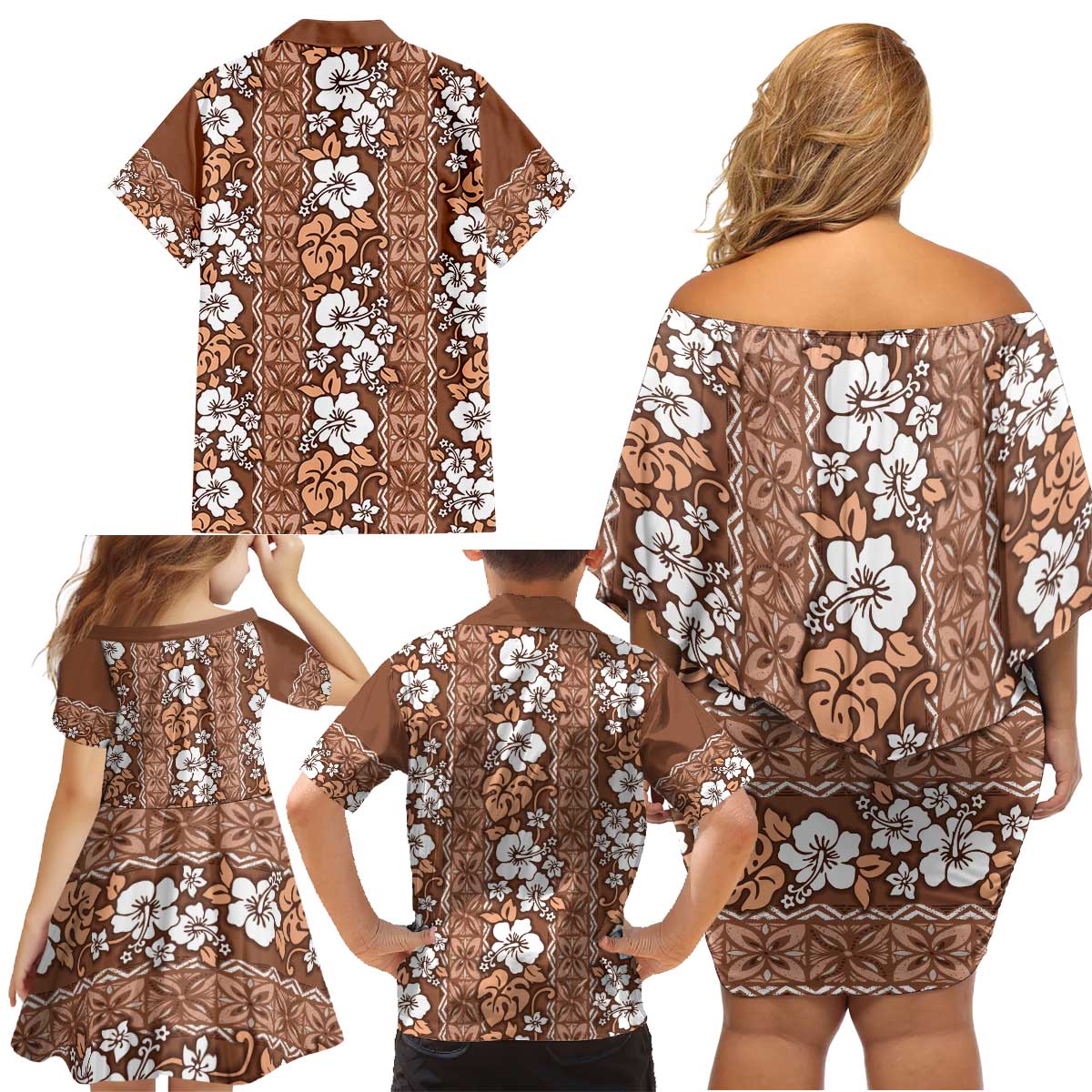 Hawaii Vintage Brown Hibiscus Tapa Pattern Family Matching Off Shoulder Short Dress and Hawaiian Shirt LT05 - Polynesian Pride