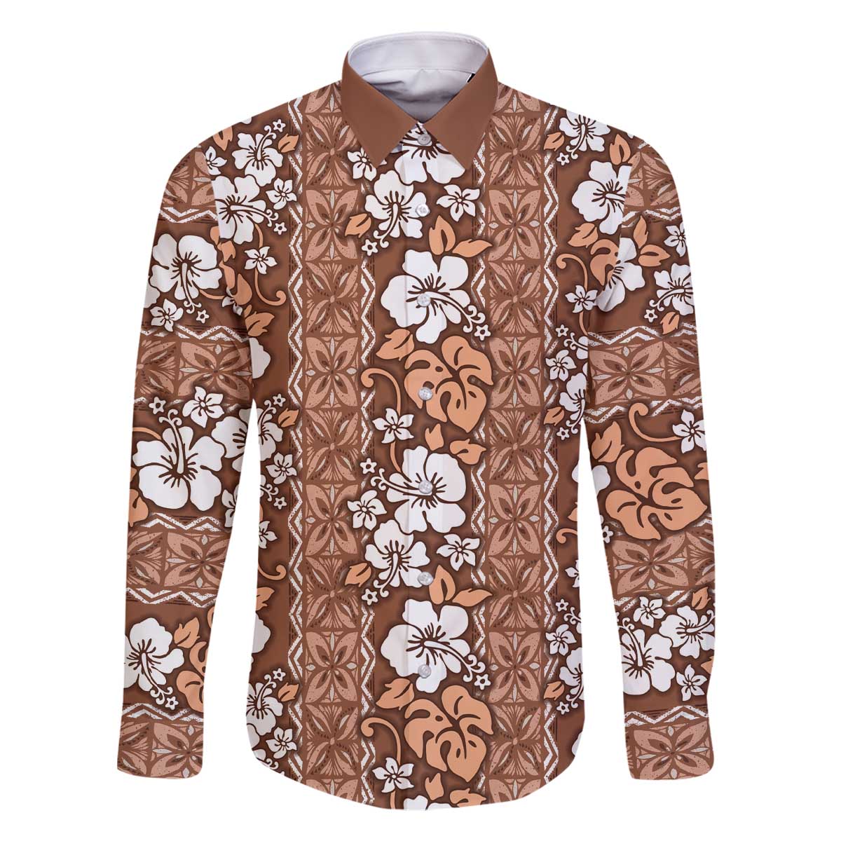 Hawaii Vintage Brown Hibiscus Tapa Pattern Family Matching Off Shoulder Short Dress and Hawaiian Shirt LT05 Dad's Shirt - Long Sleeve Brown - Polynesian Pride