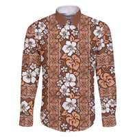 Hawaii Vintage Brown Hibiscus Tapa Pattern Family Matching Off Shoulder Short Dress and Hawaiian Shirt LT05 Dad's Shirt - Long Sleeve Brown - Polynesian Pride