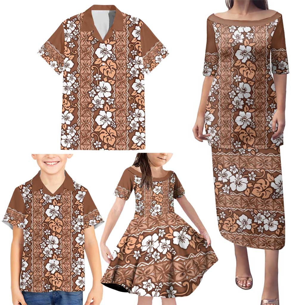 Hawaii Vintage Brown Hibiscus Tapa Pattern Family Matching Puletasi and Hawaiian Shirt LT05 - Polynesian Pride