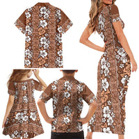 Hawaii Vintage Brown Hibiscus Tapa Pattern Family Matching Short Sleeve Bodycon Dress and Hawaiian Shirt LT05 - Polynesian Pride