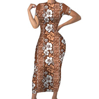 Hawaii Vintage Brown Hibiscus Tapa Pattern Family Matching Short Sleeve Bodycon Dress and Hawaiian Shirt LT05 Mom's Dress Brown - Polynesian Pride