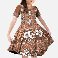 Hawaii Vintage Brown Hibiscus Tapa Pattern Family Matching Summer Maxi Dress and Hawaiian Shirt LT05 Daughter's Dress Brown - Polynesian Pride