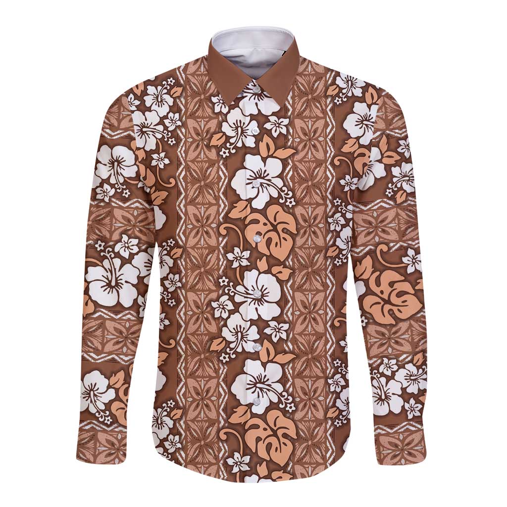 Hawaii Vintage Brown Hibiscus Tapa Pattern Long Sleeve Button Shirt LT05 Unisex Brown - Polynesian Pride