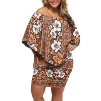 Hawaii Vintage Brown Hibiscus Tapa Pattern Off Shoulder Short Dress LT05 Women Brown - Polynesian Pride