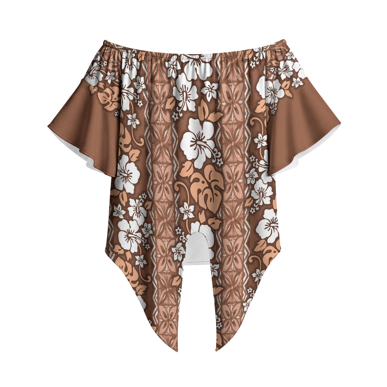 Hawaii Vintage Brown Hibiscus Tapa Pattern Off Shoulder Wrap Waist Top LT05 Brown - Polynesian Pride