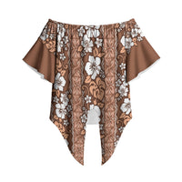 Hawaii Vintage Brown Hibiscus Tapa Pattern Off Shoulder Wrap Waist Top LT05 Brown - Polynesian Pride