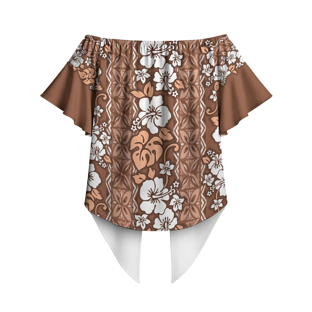 Hawaii Vintage Brown Hibiscus Tapa Pattern Off Shoulder Wrap Waist Top LT05 - Polynesian Pride