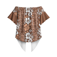 Hawaii Vintage Brown Hibiscus Tapa Pattern Off Shoulder Wrap Waist Top LT05 - Polynesian Pride