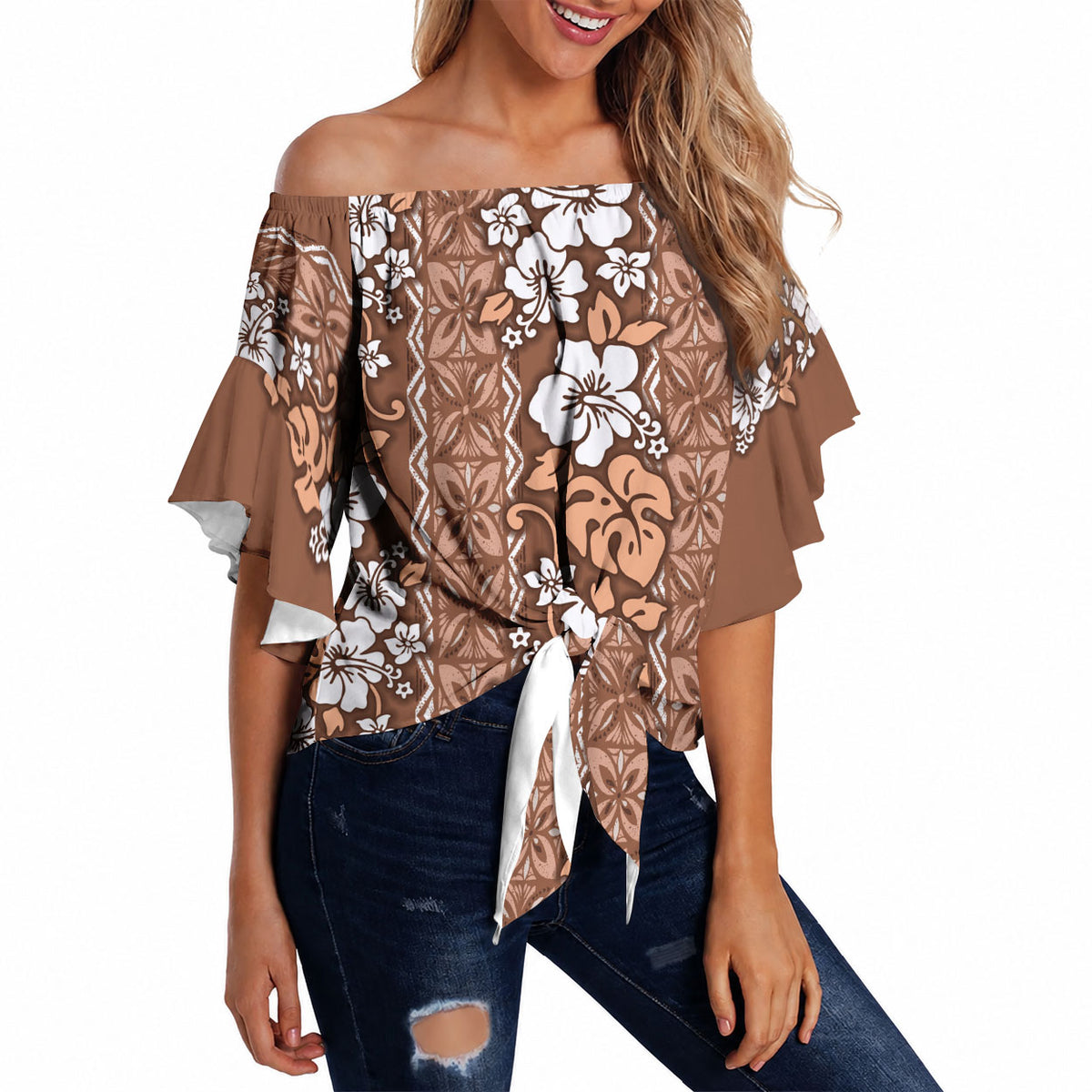 Hawaii Vintage Brown Hibiscus Tapa Pattern Off Shoulder Wrap Waist Top LT05 - Polynesian Pride